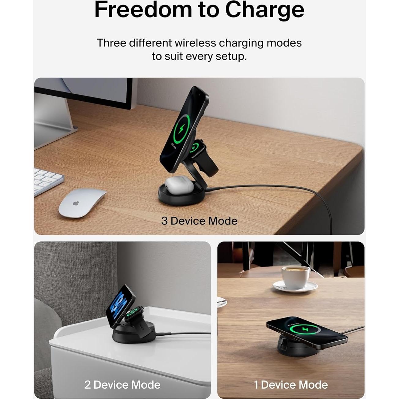 Cargador Inalámbrico 3-en-1 Belkin Qi2 15W para iPhone, Apple Watch y AirPods - Negro