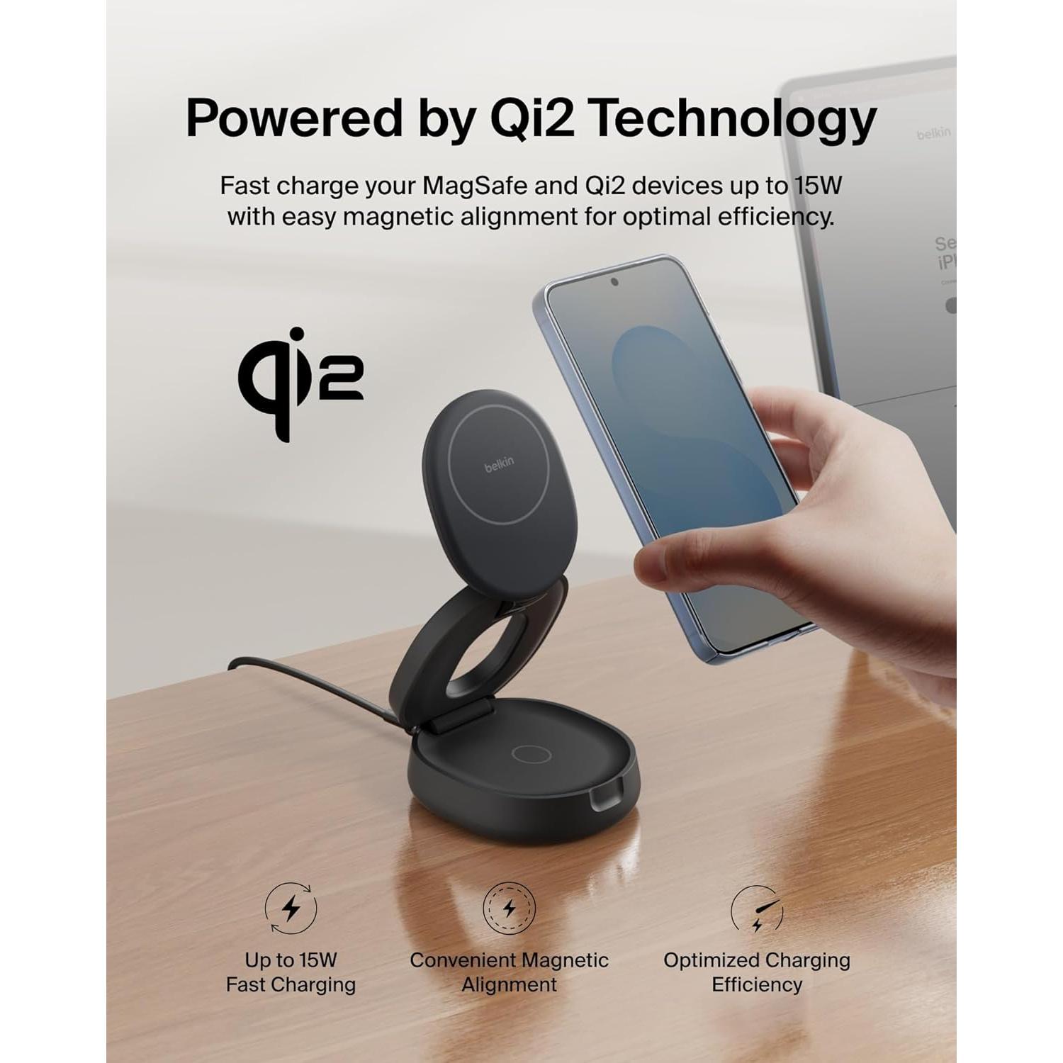 Cargador Inalámbrico 2-en-1 Belkin BoostCharge Qi2 15W Negro