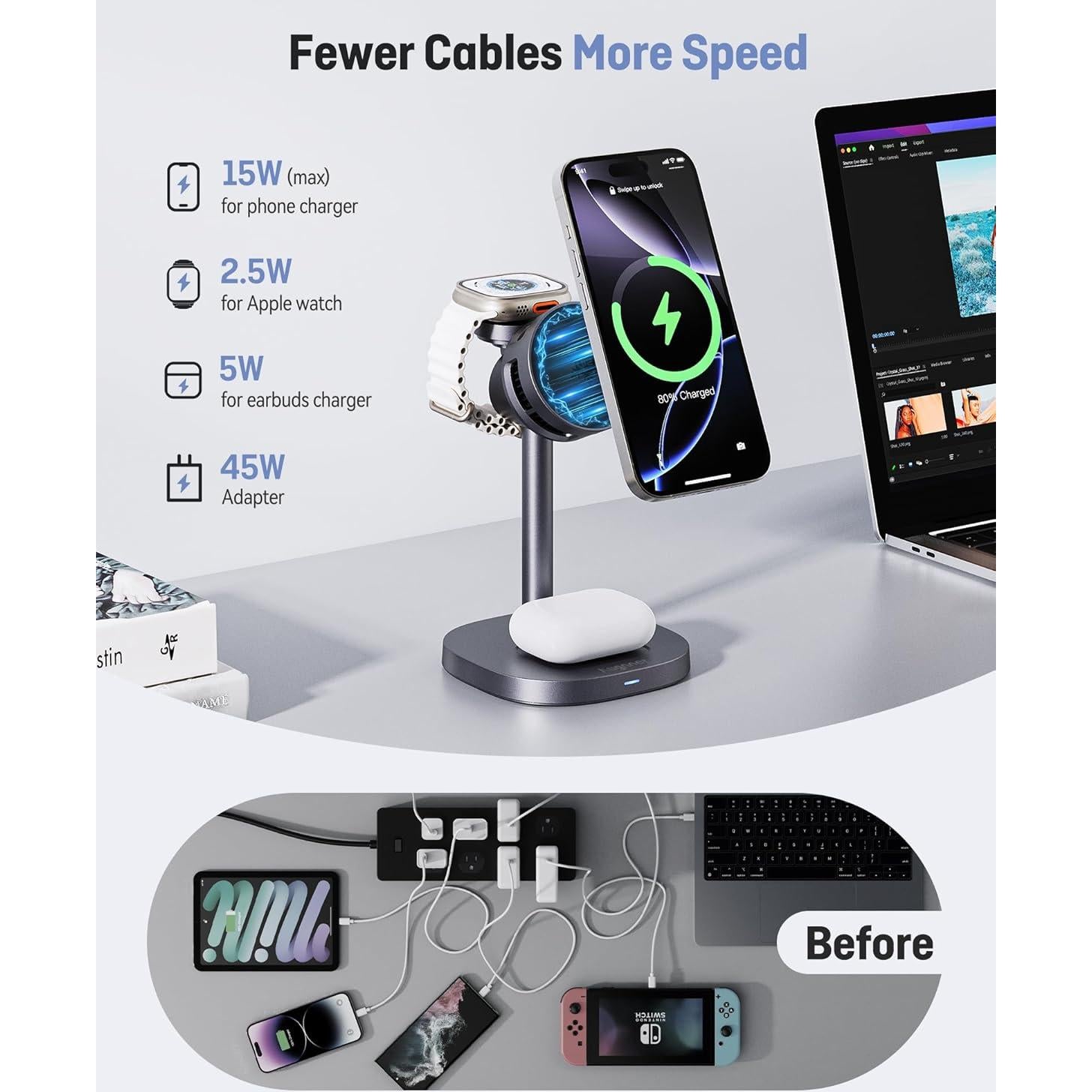 Cargador Inalámbrico 3 en 1 Augnner con Enfriamiento Activo 15W