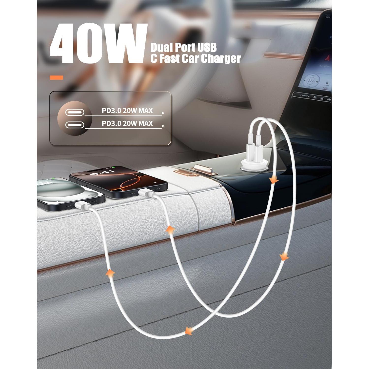 Cargador de Coche USB C 40W Doble 2 Puertos Blanco - ZYH-C26