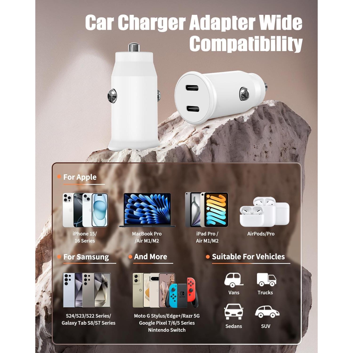 Cargador de Coche USB C 40W Doble 2 Puertos Blanco - ZYH-C26