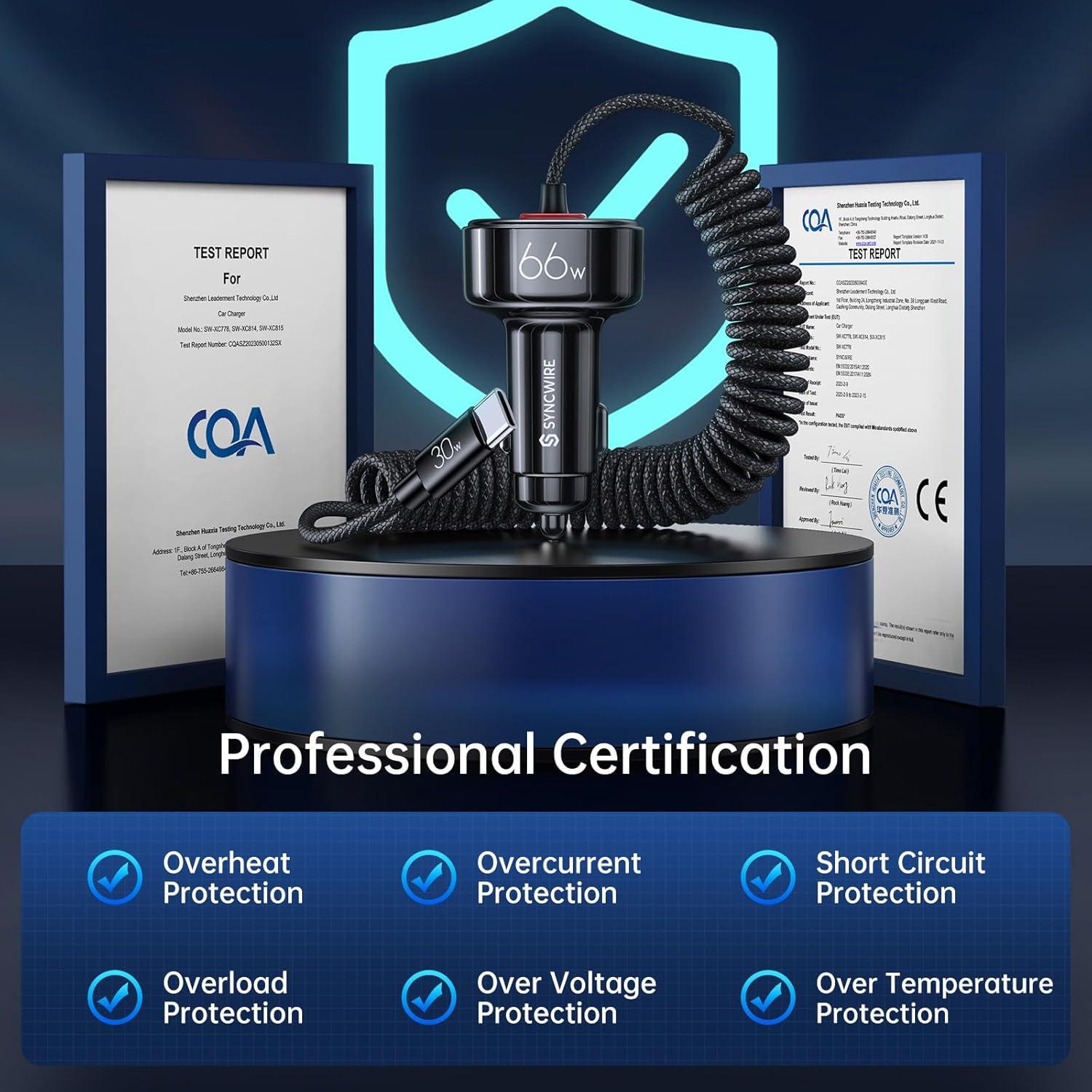 Cargador de coche Syncwire 66W USB C con cable 1.8m