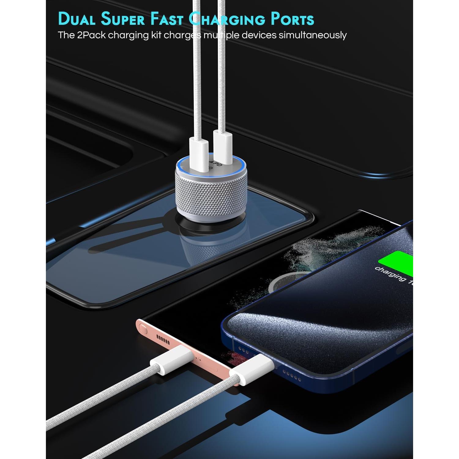 Cargador de coche rápido USB C 2 puertos para iPhone 16 - Plata