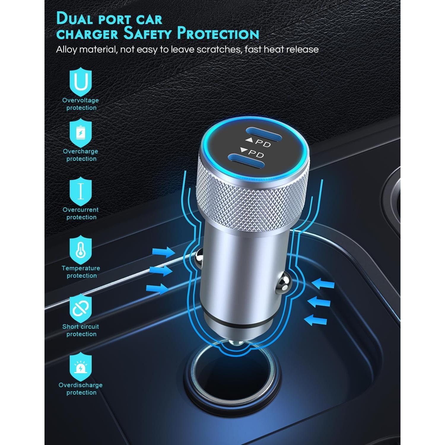 Cargador de coche rápido USB C 2 puertos para iPhone 16 - Plata