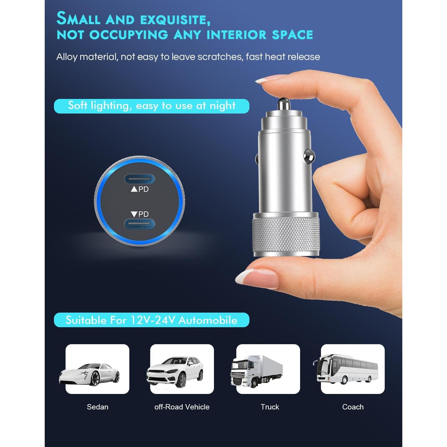 Cargador de coche rápido USB C 2 puertos para iPhone 16 - Plata