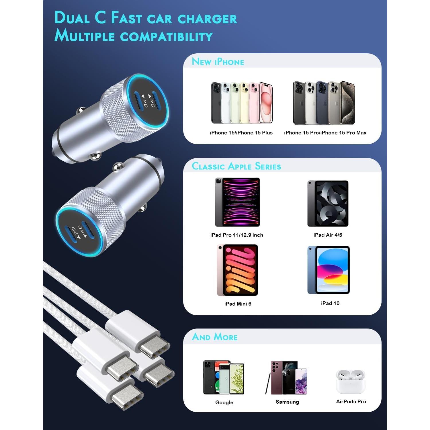 Cargador de coche rápido USB C 2 puertos para iPhone 16 - Plata