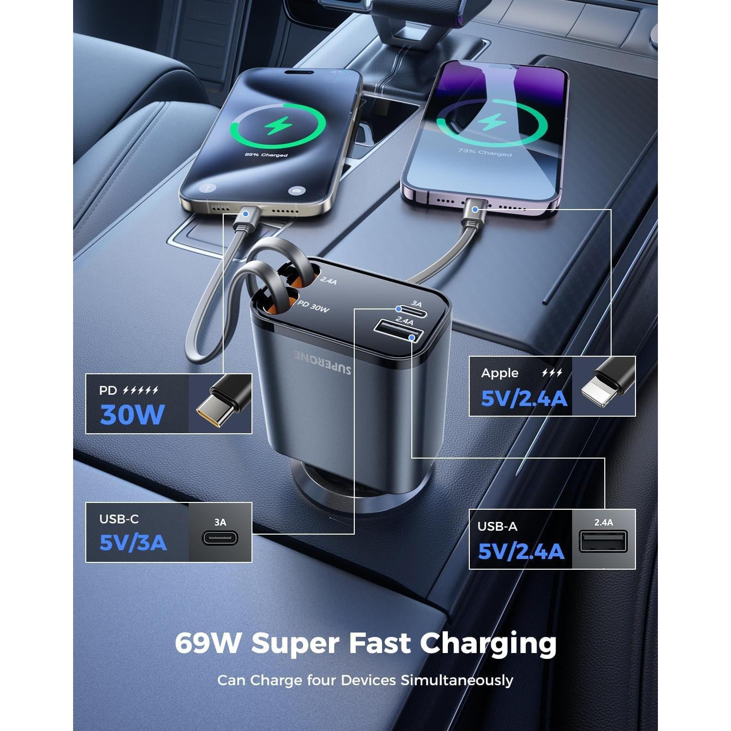Cargador de Coche Retráctable Superone 69W 4 en 1 Tipo C