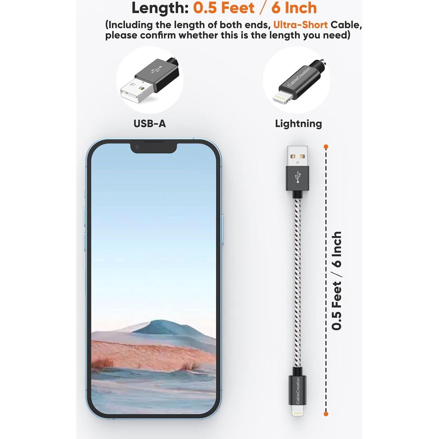 Cable de Carga Corto 0.15m Lightning a USB CableCreation MFi