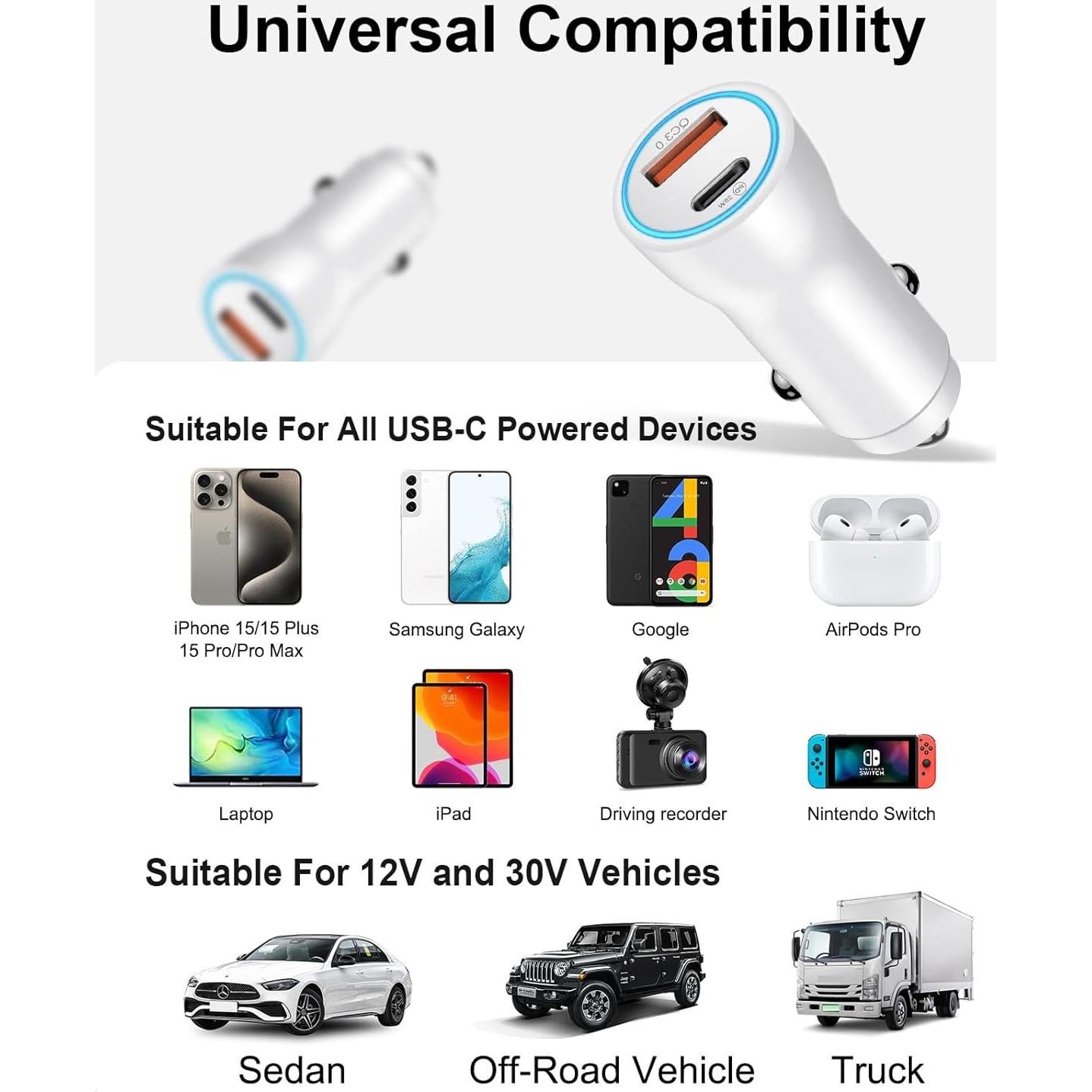 Cargador de Coche Rápido Coreykin 43W USB C Doble Puerto