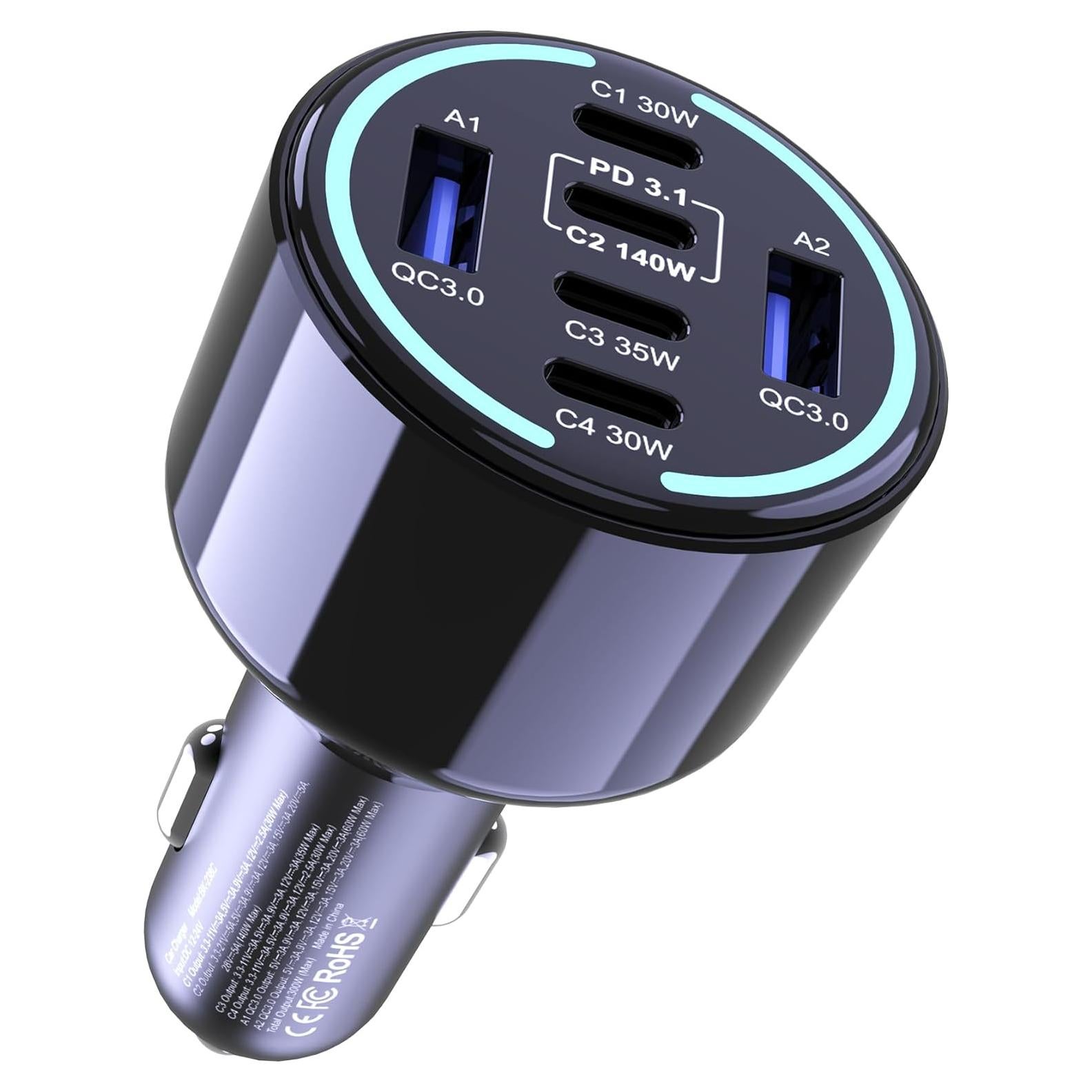 Cargador de Coche USB C Chipofy 300W 6 Puertos Rápido PD3.1