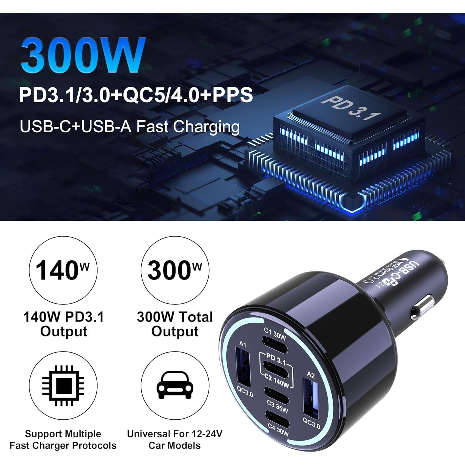 Cargador de Coche USB C Chipofy 300W 6 Puertos Rápido PD3.1
