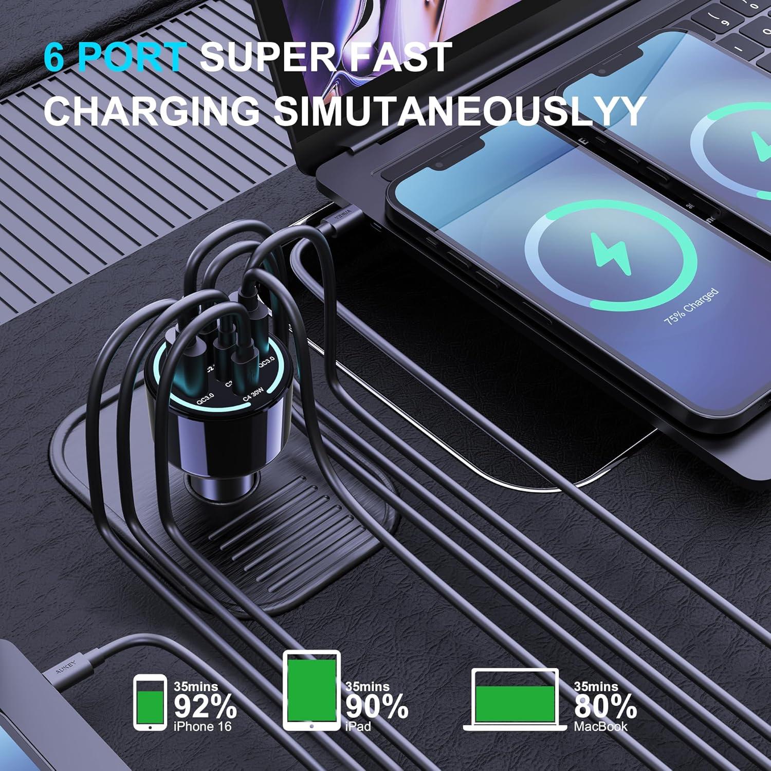 Cargador de Coche USB C Chipofy 300W 6 Puertos Rápido PD3.1