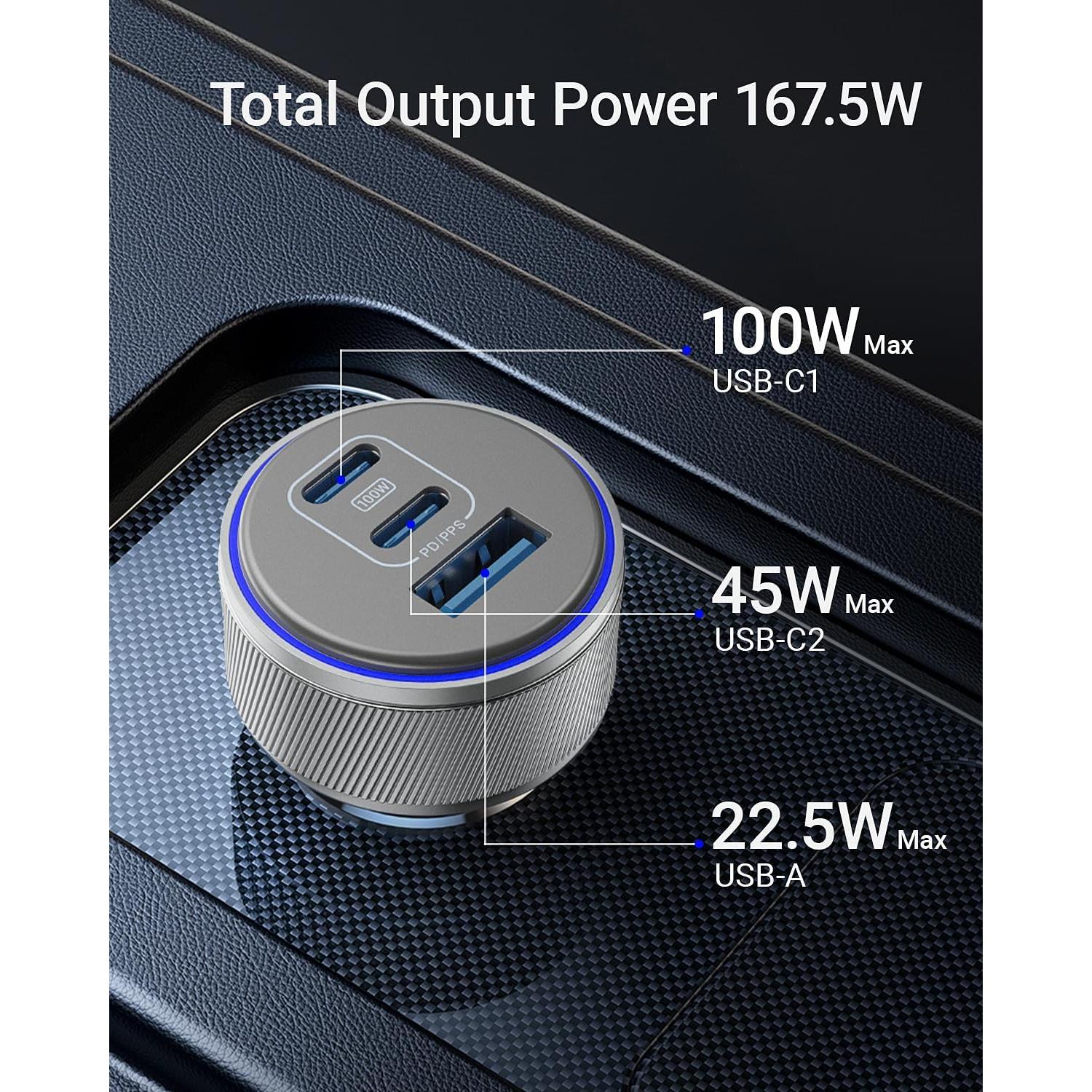 Cargador de Coche USB-C 167.5W Rápido 3 Puertos para iPhone/Samsung