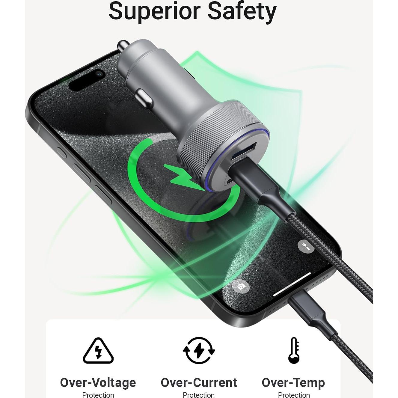 Cargador de Coche USB-C 167.5W Rápido 3 Puertos para iPhone/Samsung