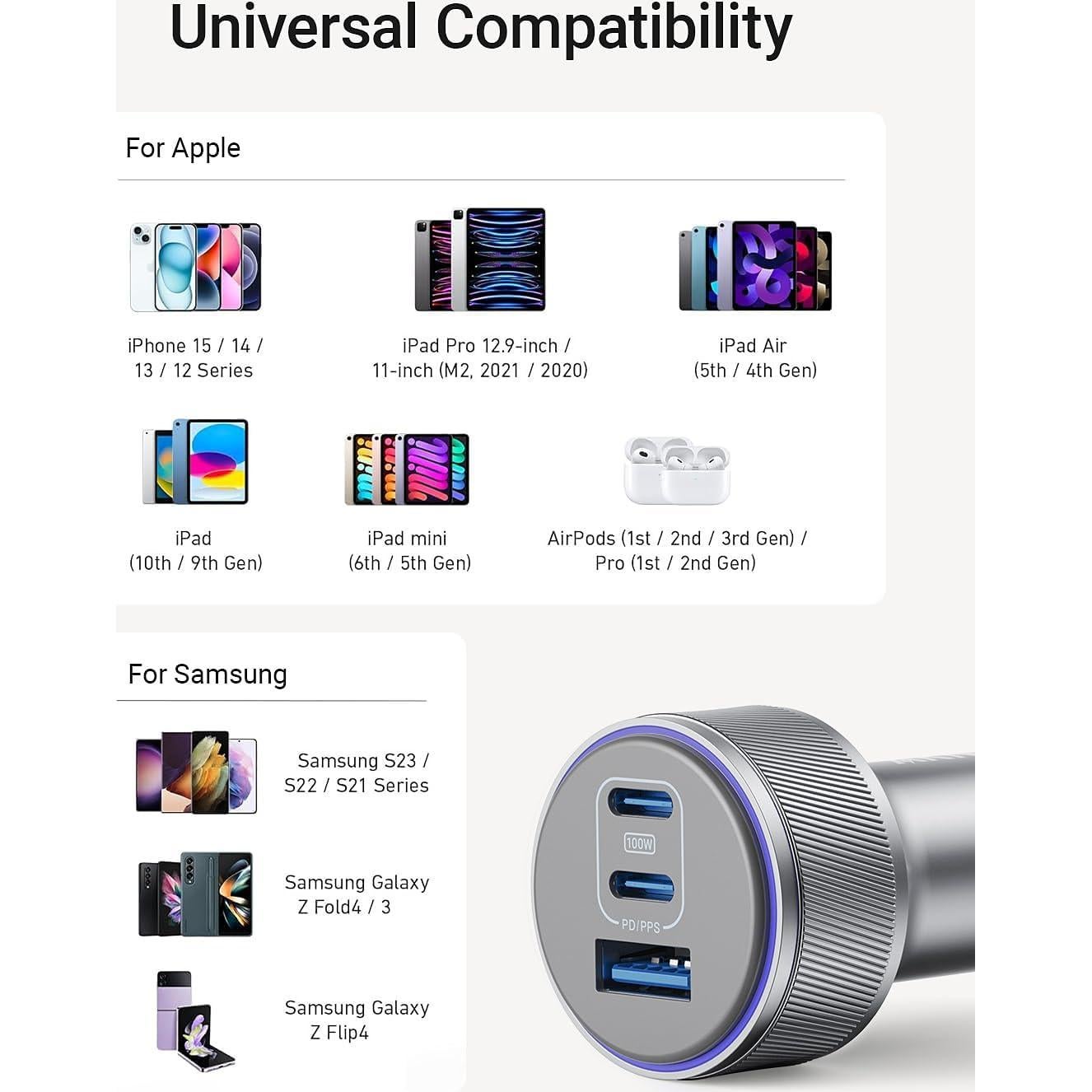 Cargador de Coche USB-C 167.5W Rápido 3 Puertos para iPhone/Samsung