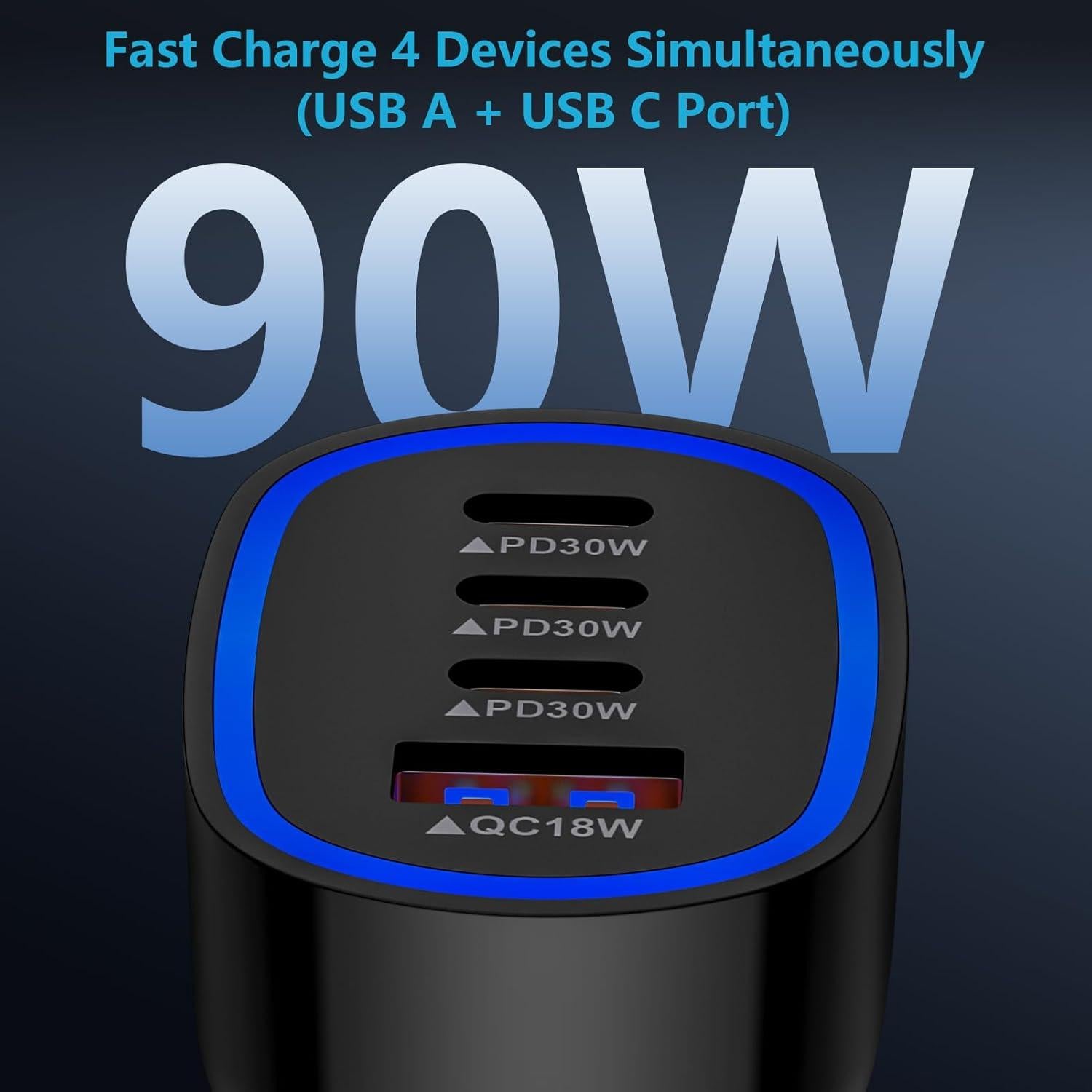 Cargador Rápido de Auto 4 Puertos USB-C y A 90W - SHENZHEN