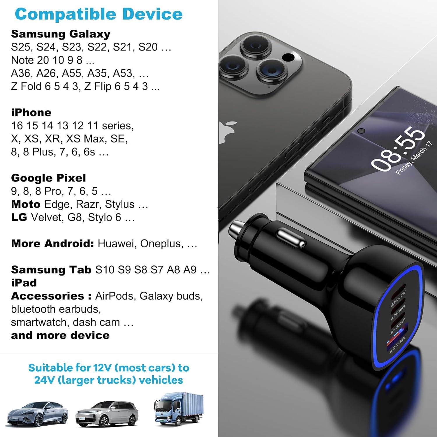 Cargador Rápido de Auto 4 Puertos USB-C y A 90W - SHENZHEN