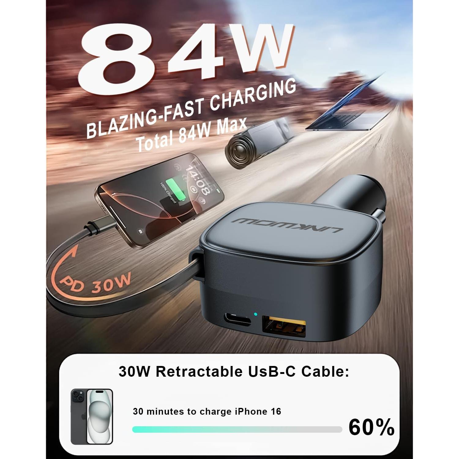 Cargador de Coche USB-C LINKWOW 84W Rápido con Cable Retráctil