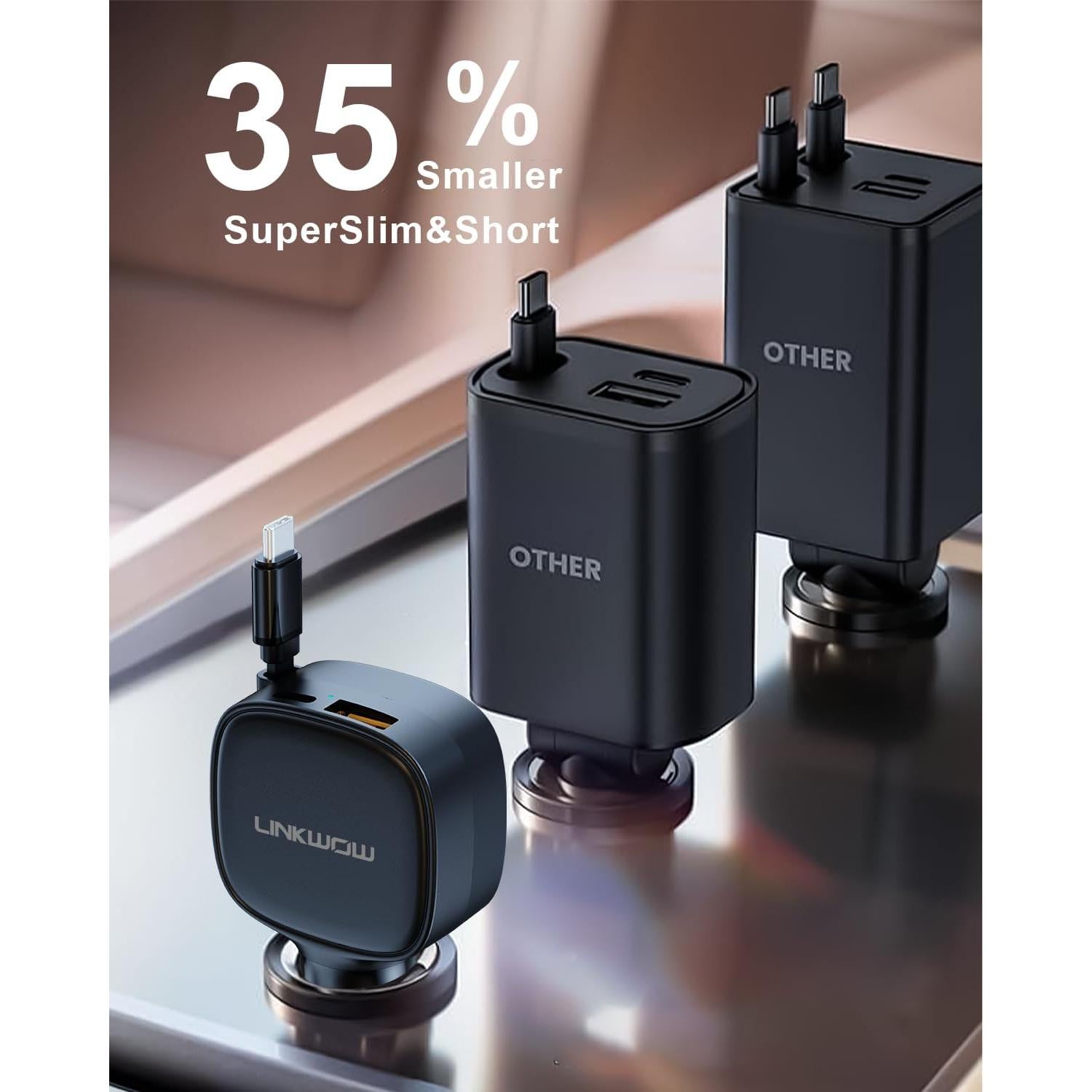 Cargador de Coche USB-C LINKWOW 84W Rápido con Cable Retráctil