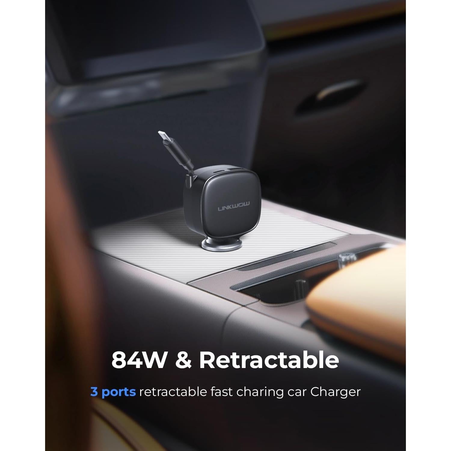 Cargador de Coche USB-C LINKWOW 84W Rápido con Cable Retráctil