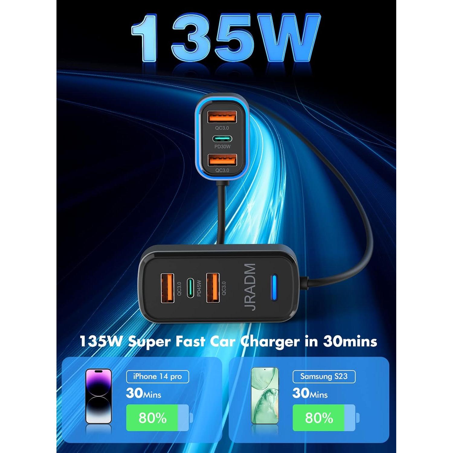 Cargador de Coche USB 135W Rápido 6 Puertos PD QC3.0