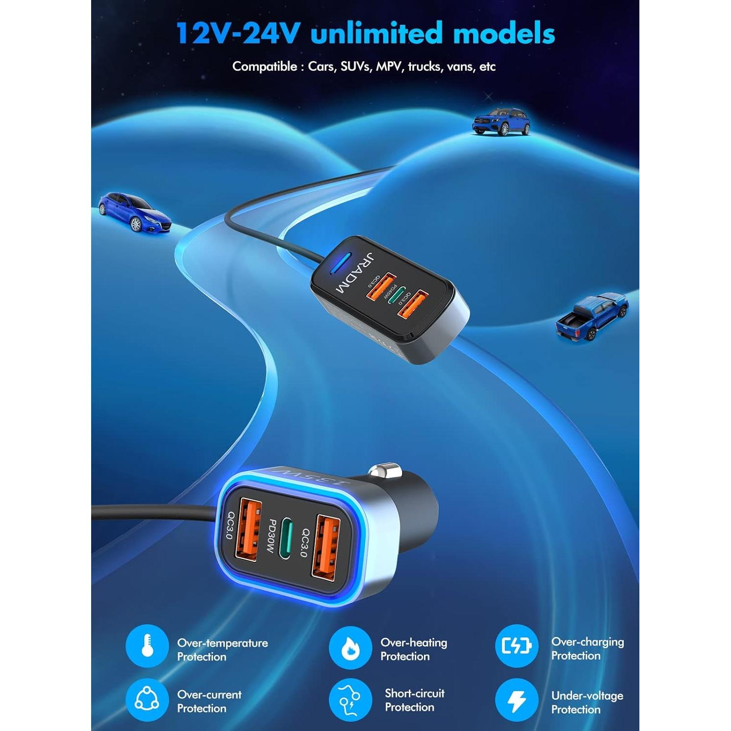 Cargador de Coche USB 135W Rápido 6 Puertos PD QC3.0