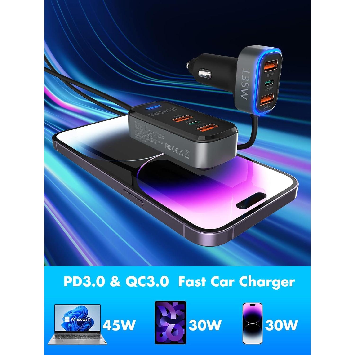 Cargador de Coche USB 135W Rápido 6 Puertos PD QC3.0