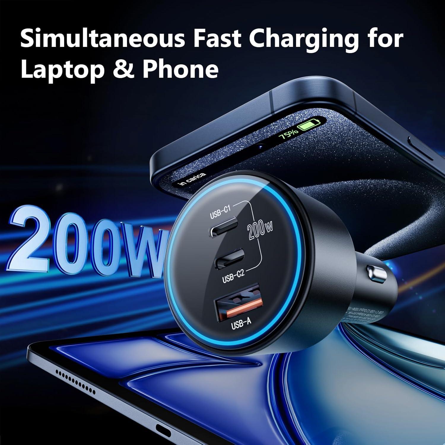 Cargador de coche rápido 200W USB-C 3 puertos para iPhone 16