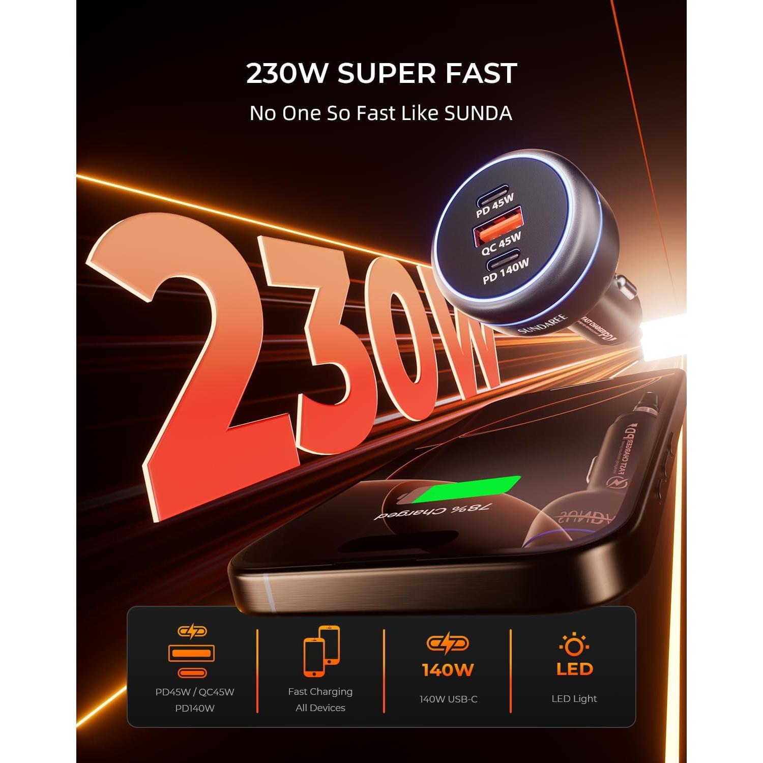Cargador Rápido de Coche SUNDAREE 230W USB-C 3 Puertos