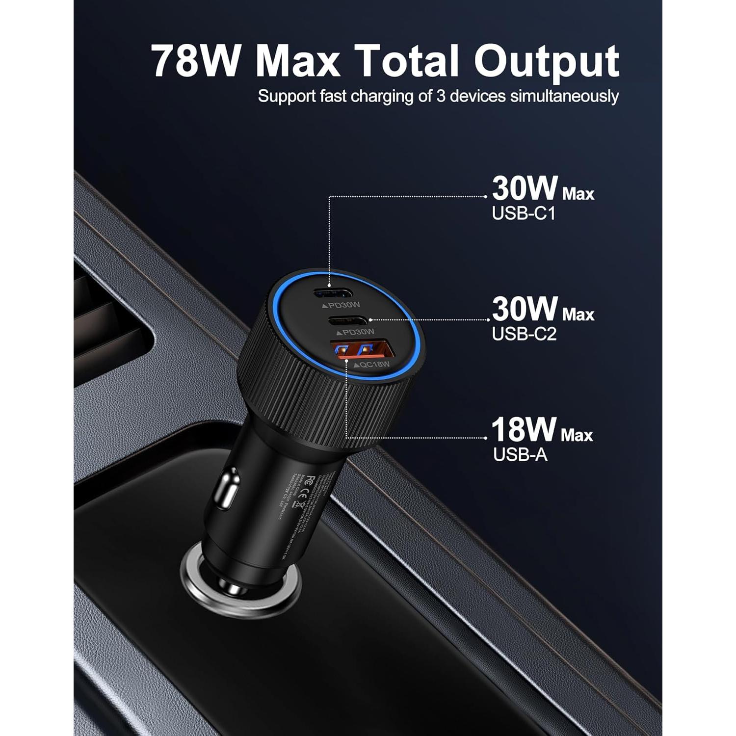 Cargador de coche USB C AILKIN 78W 3 Puertos Rápido