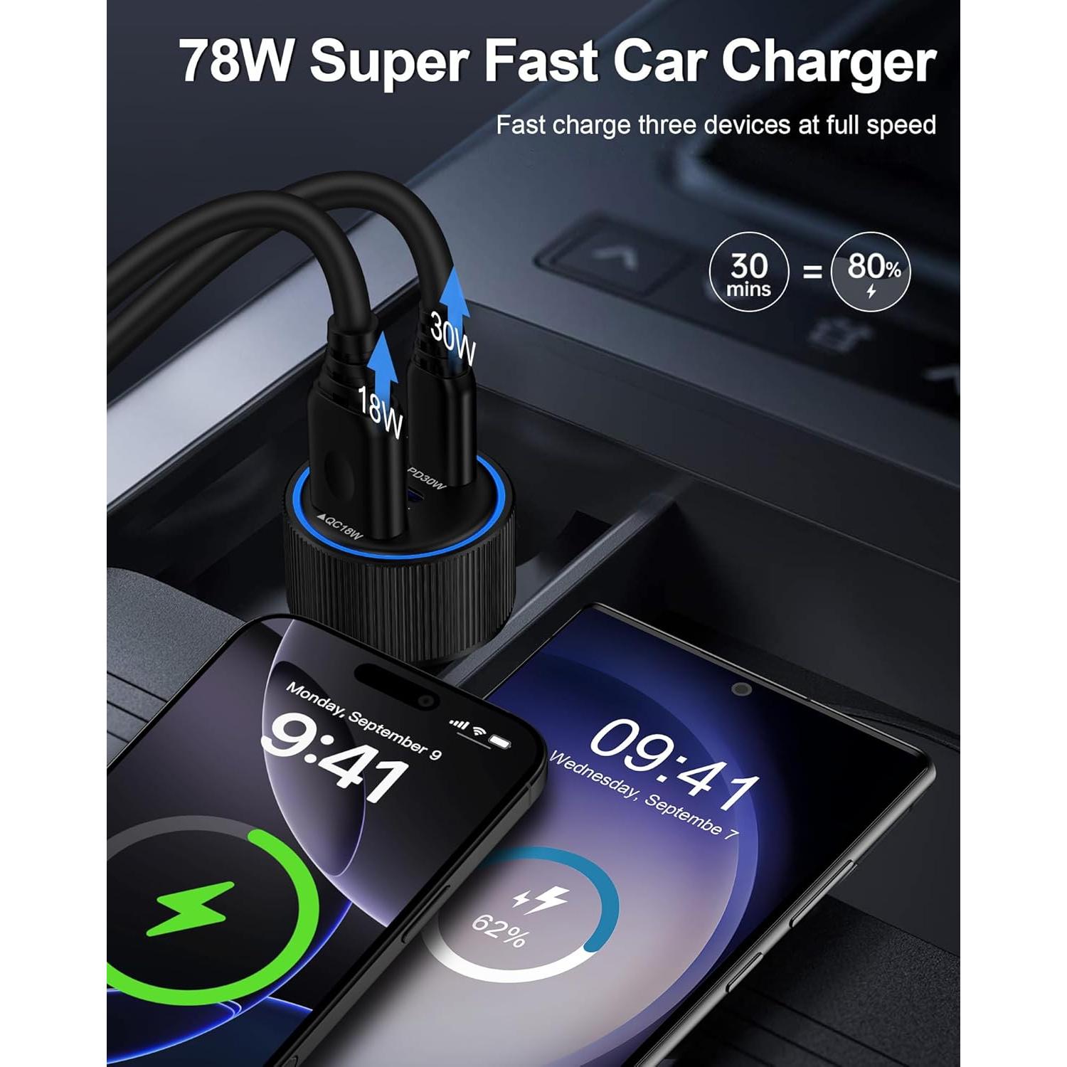 Cargador de coche USB C AILKIN 78W 3 Puertos Rápido