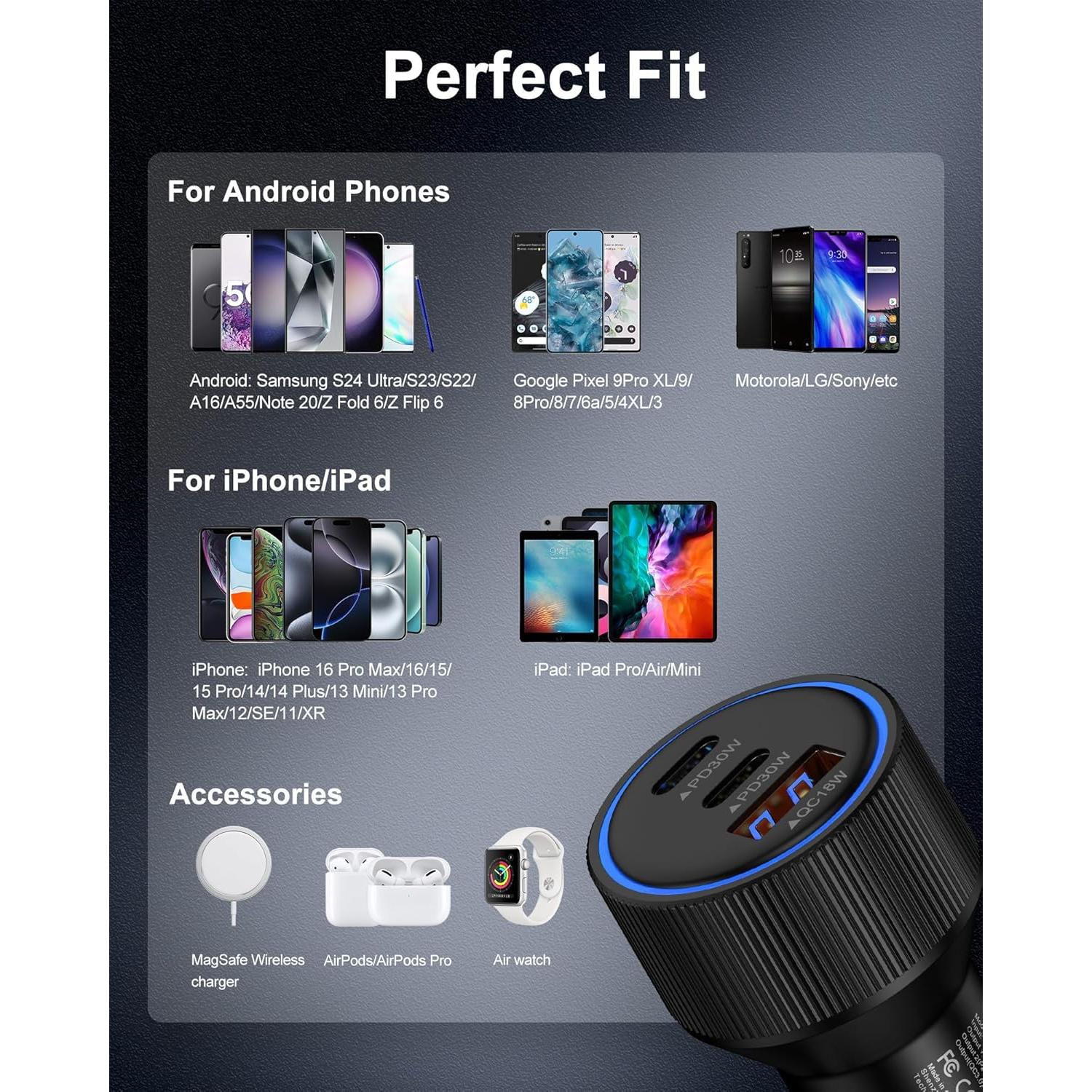 Cargador de coche USB C AILKIN 78W 3 Puertos Rápido