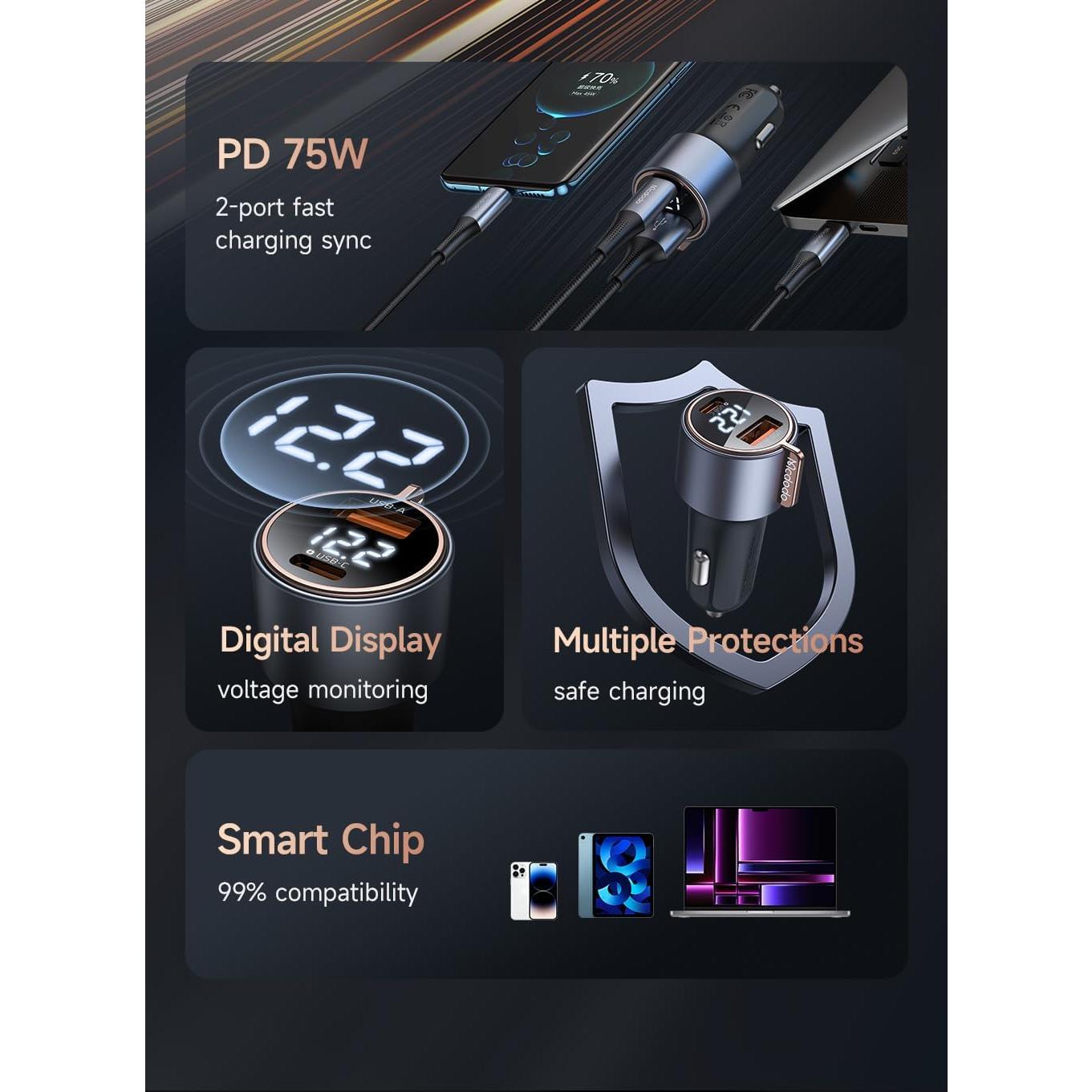 Cargador de Coche Mcdodo 75W USB A+C Doble Puerto Rápido