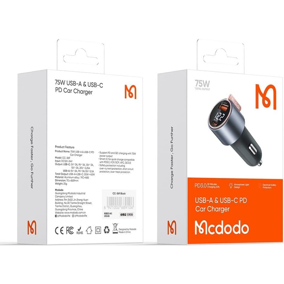 Cargador de Coche Mcdodo 75W USB A+C Doble Puerto Rápido