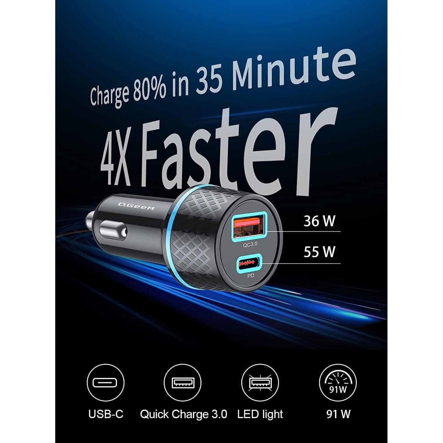 Cargador de Coche QGeeM USB C 91W Rápido 2 Puertos PD3.0