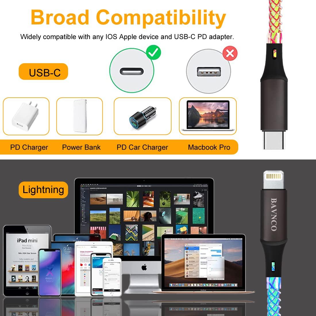 Cable Cargador Rápido USB-C a Lightning 1m MFi BAVNCO RGB