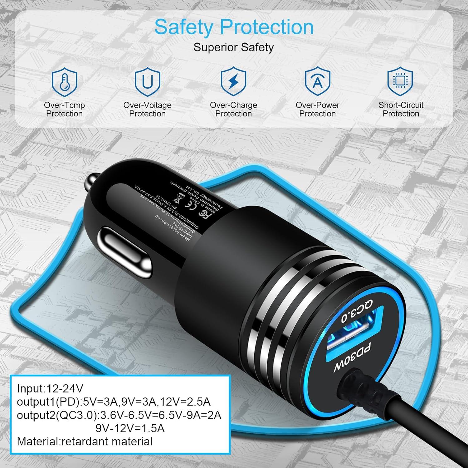 Cargador de coche USB C 48W SHENZHEN con cable 3 pies