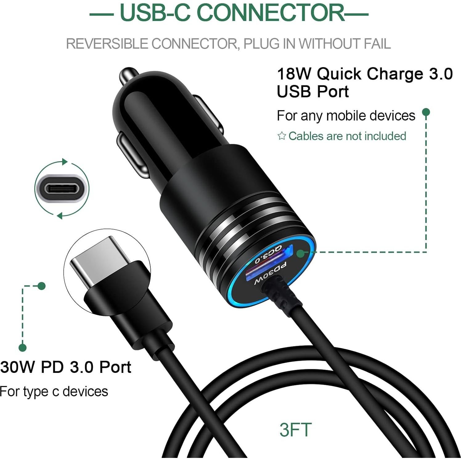 Cargador de coche USB C 48W SHENZHEN con cable 3 pies