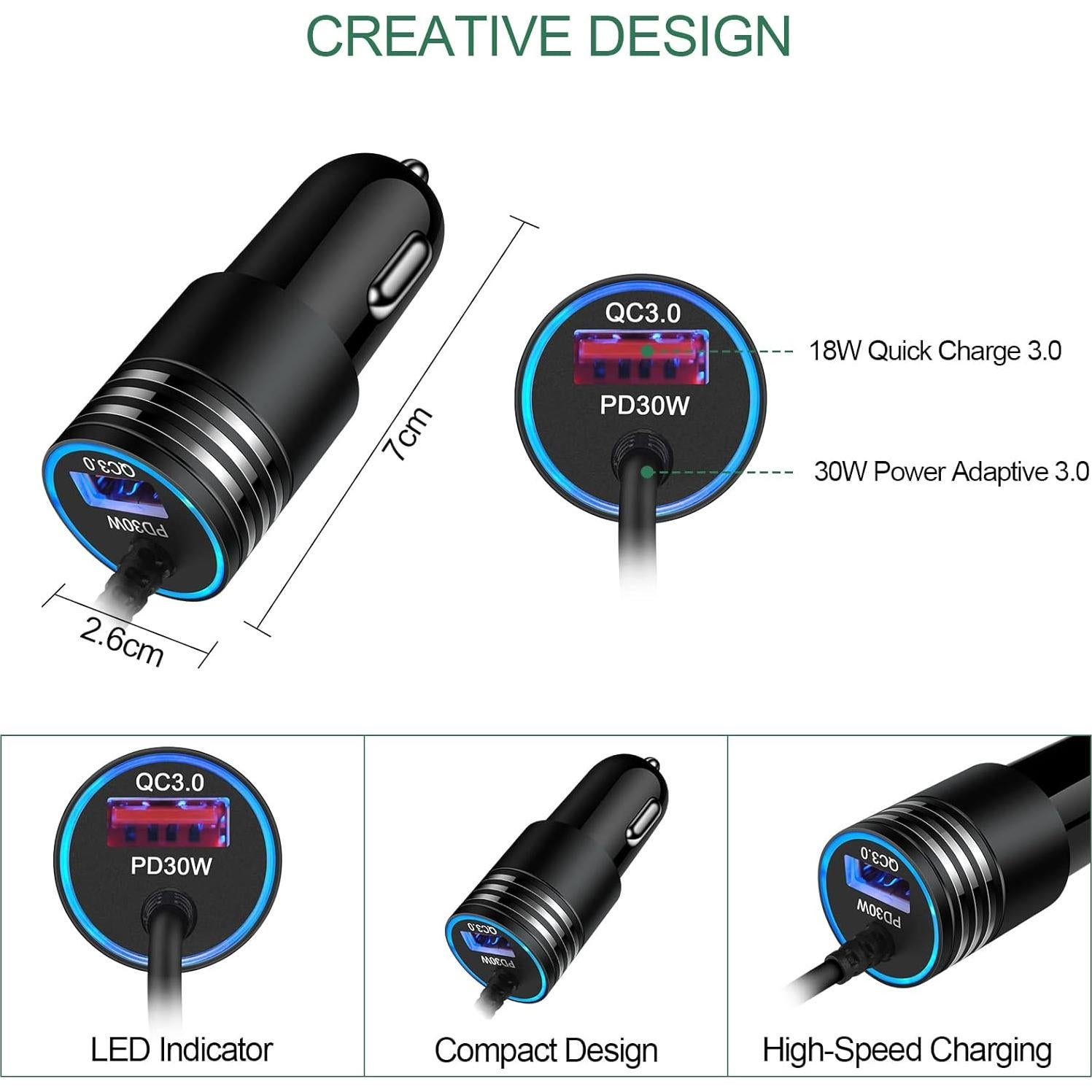 Cargador de coche USB C 48W SHENZHEN con cable 3 pies