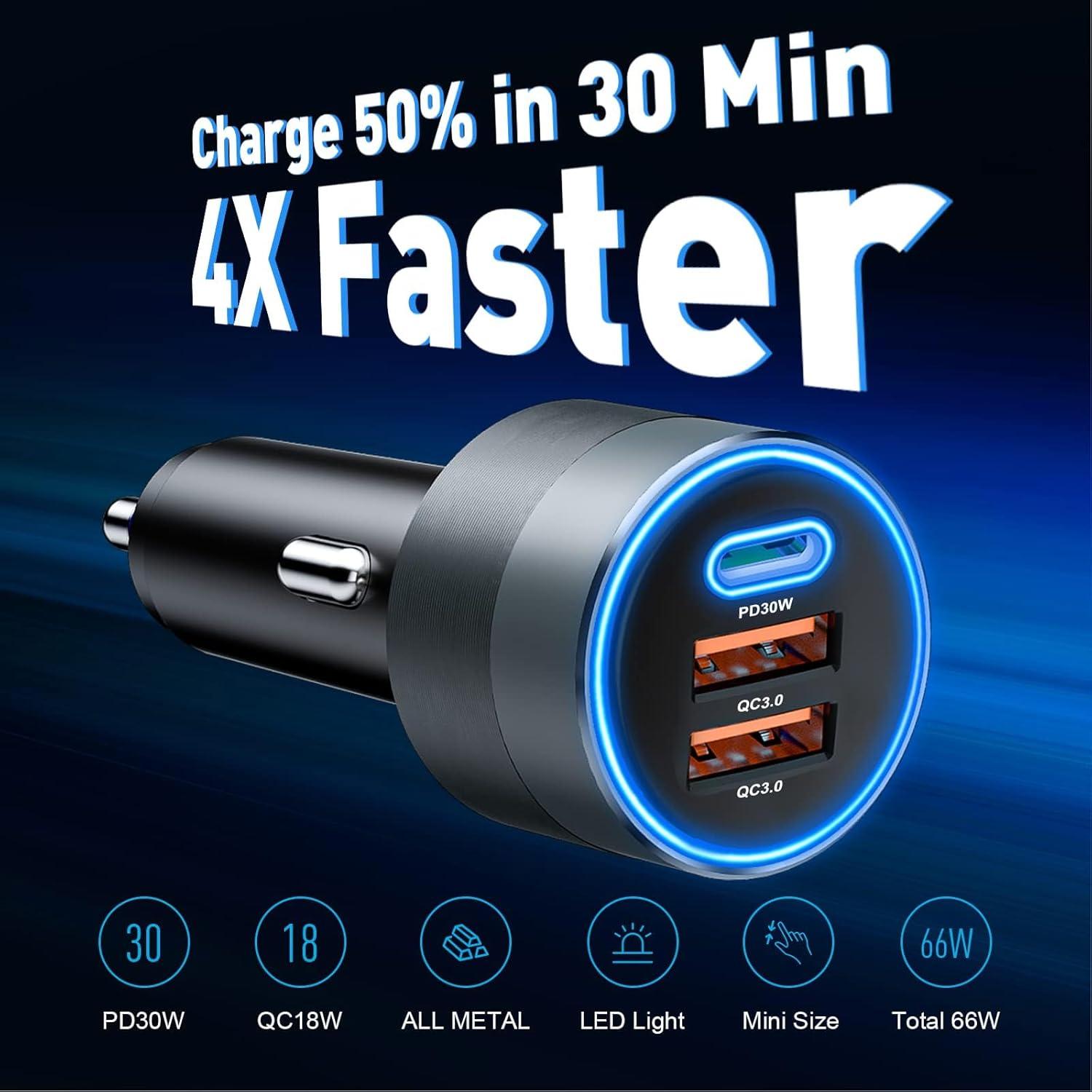 Cargador de coche USB C SONRU 66W PD 30W Doble QC3.0 Negro