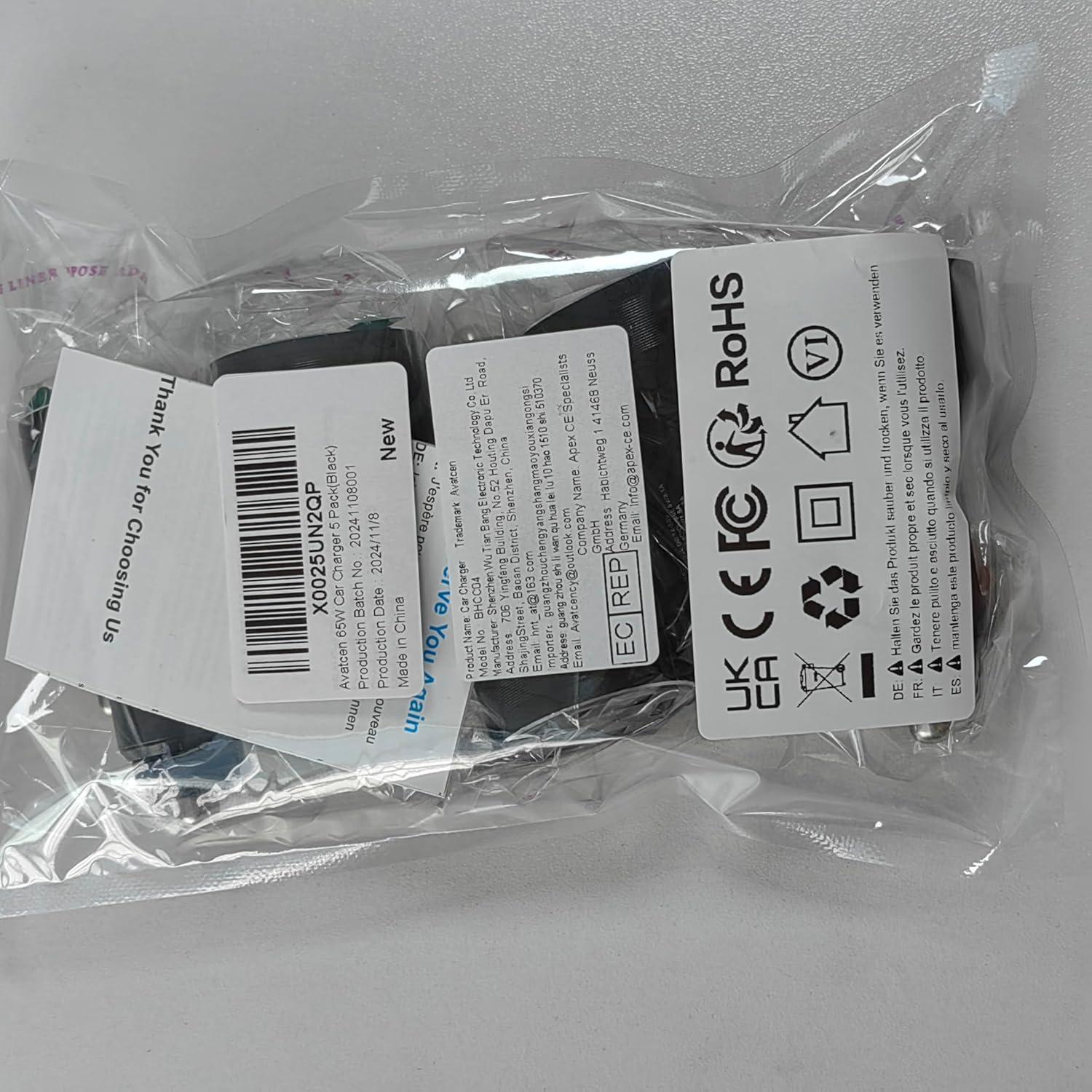 Cargador de coche USB C 65W Avatcen - Paquete de 5