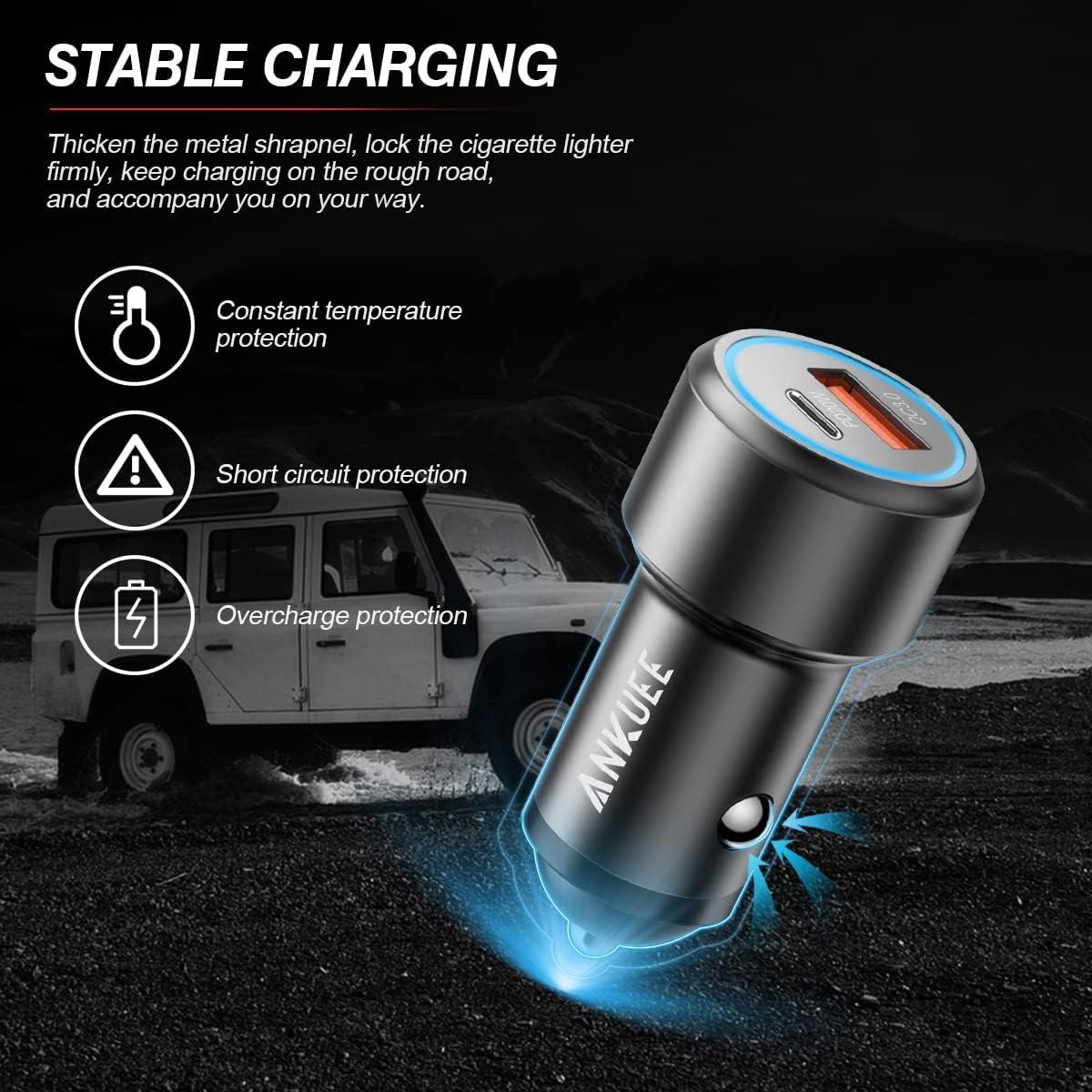 Cargador de Coche USB C Ankuee 20W PD y QC 3.0 Rápido