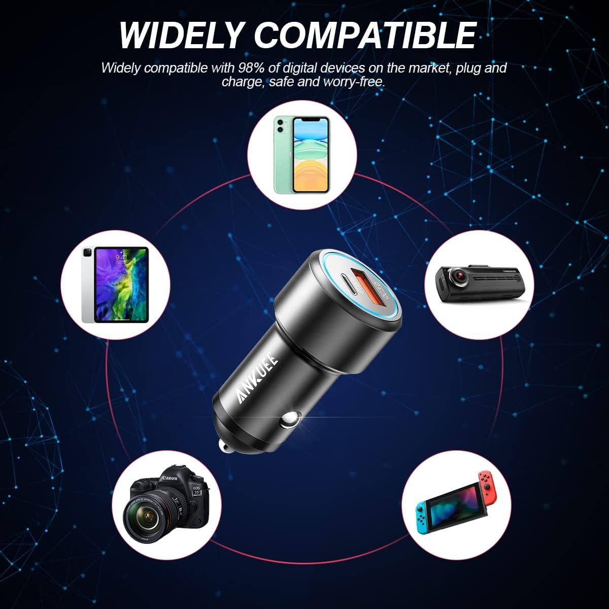 Cargador de Coche USB C Ankuee 20W PD y QC 3.0 Rápido