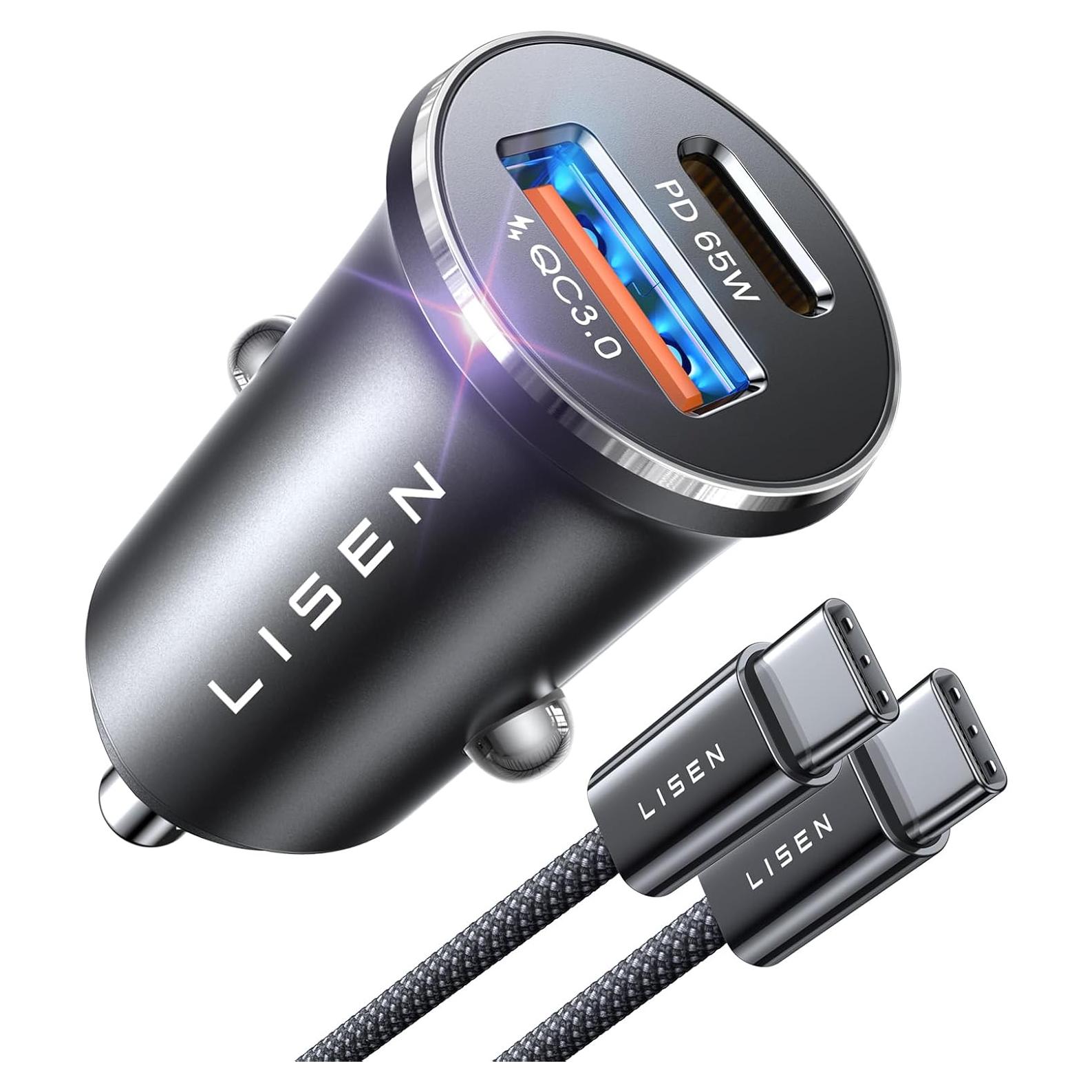Cargador de Coche USB C LISEN 65W PD y QC para iPhone y Android