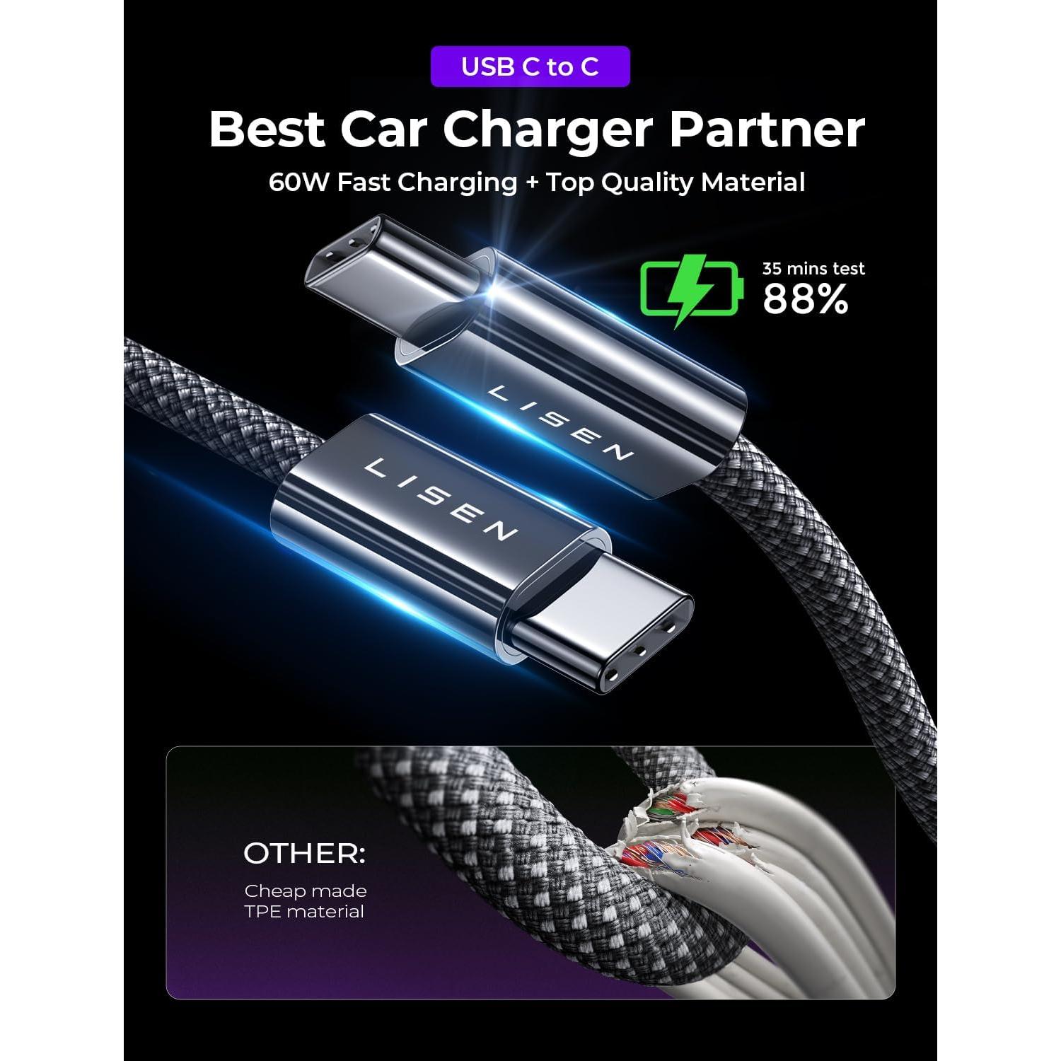 Cargador de Coche USB C LISEN 65W PD y QC para iPhone y Android