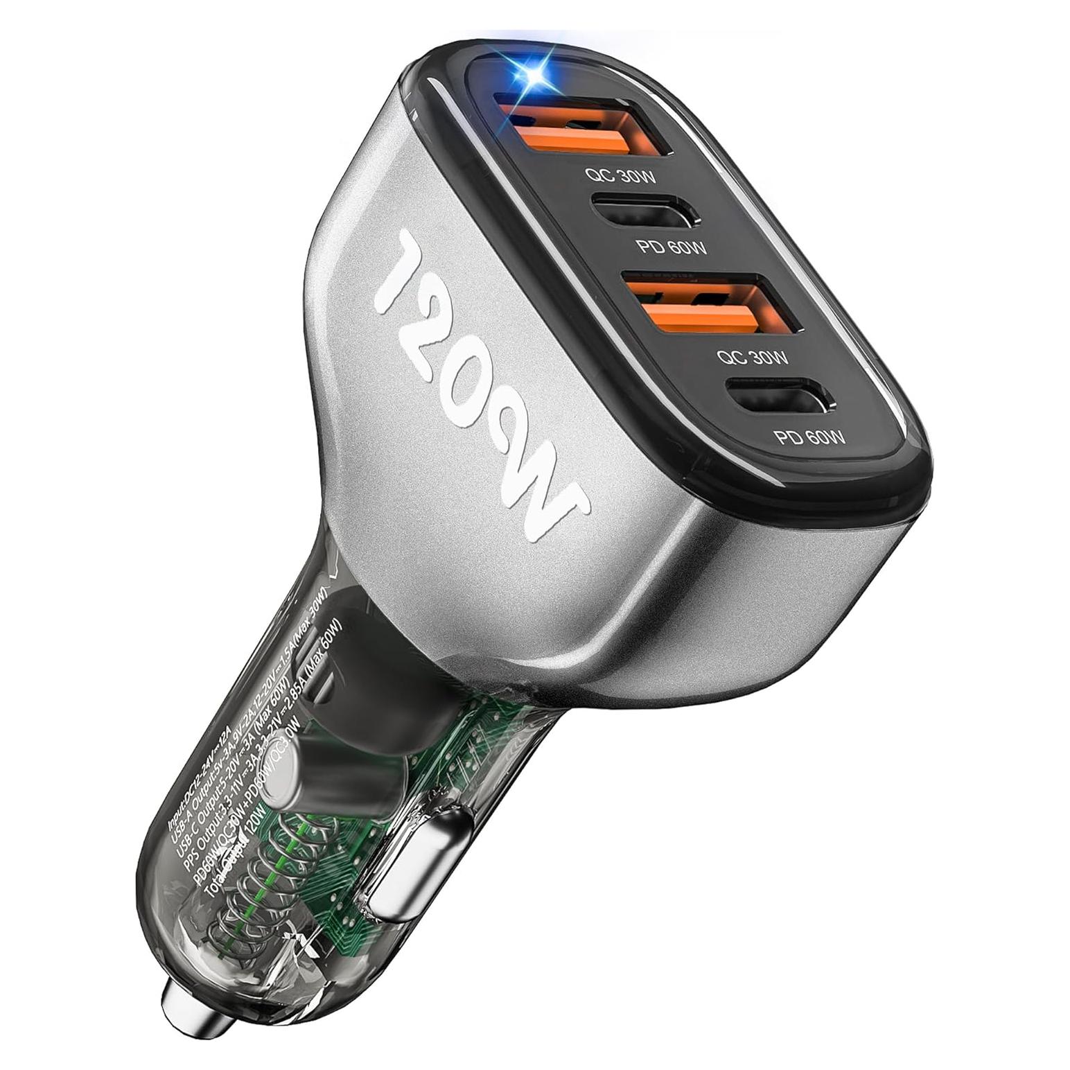 Cargador de Coche USB-C 120W SONRU 4 Puertos Carga Rápida