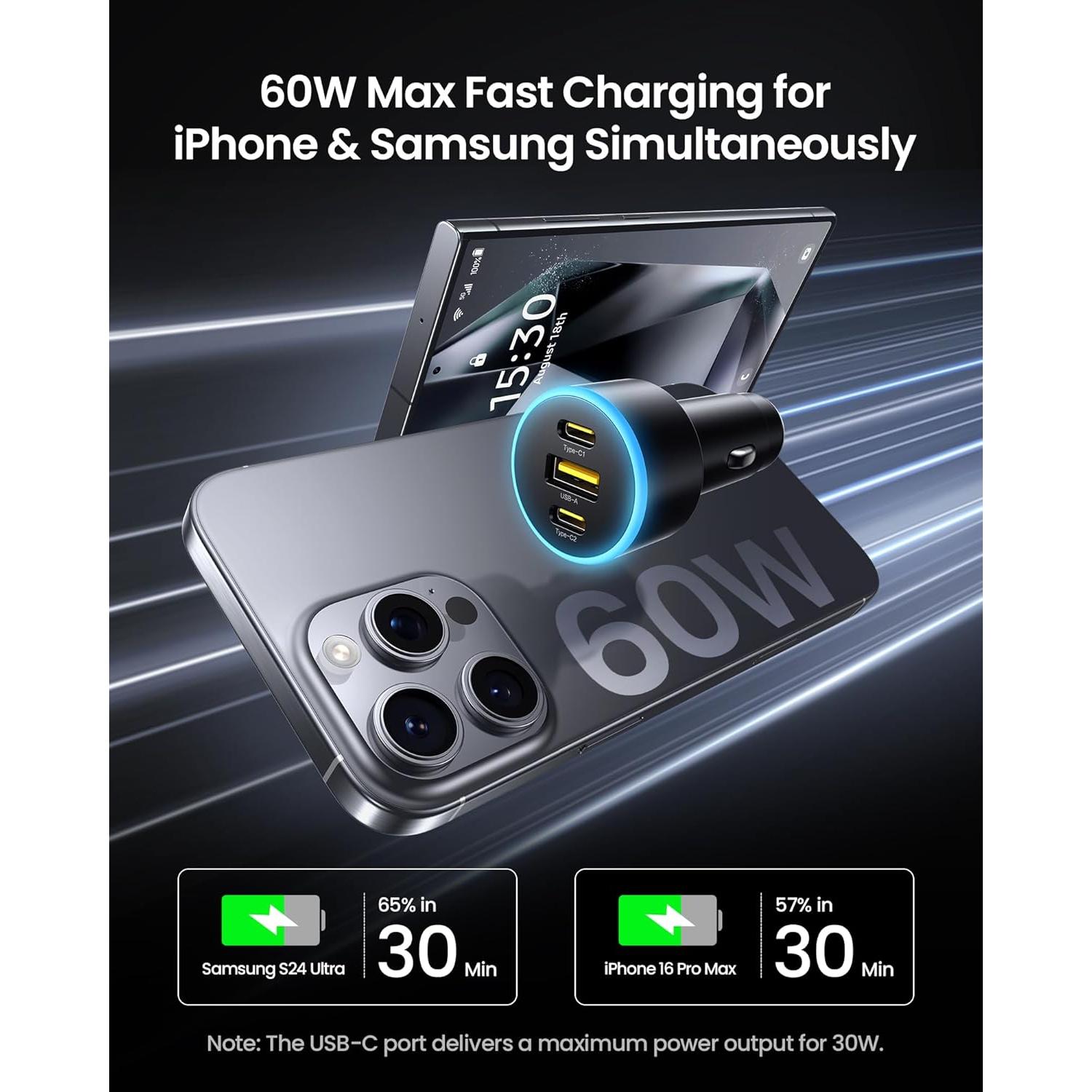 Cargador de Coche USB C PISEN 60W 3 Puertos Carga Rápida