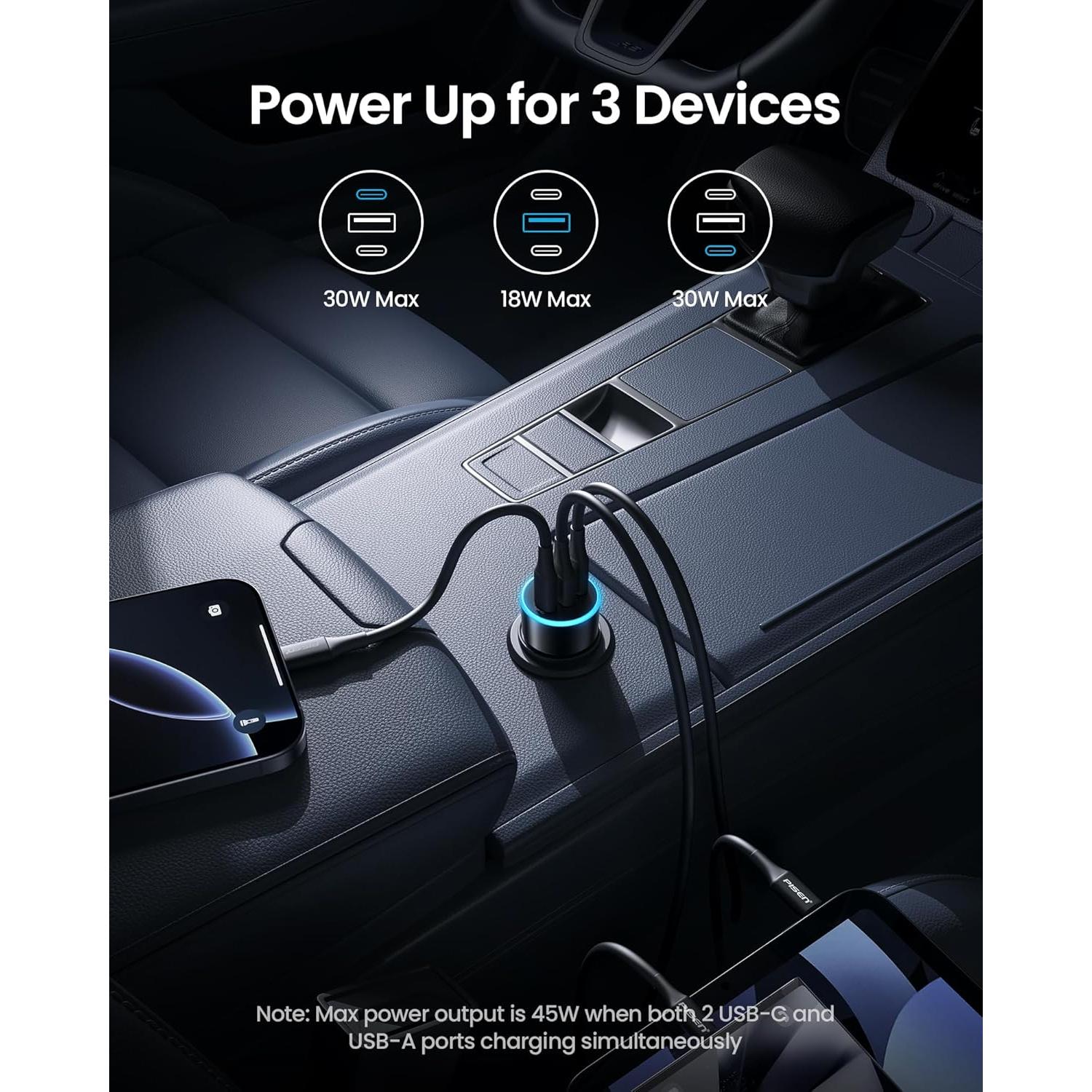 Cargador de Coche USB C PISEN 60W 3 Puertos Carga Rápida