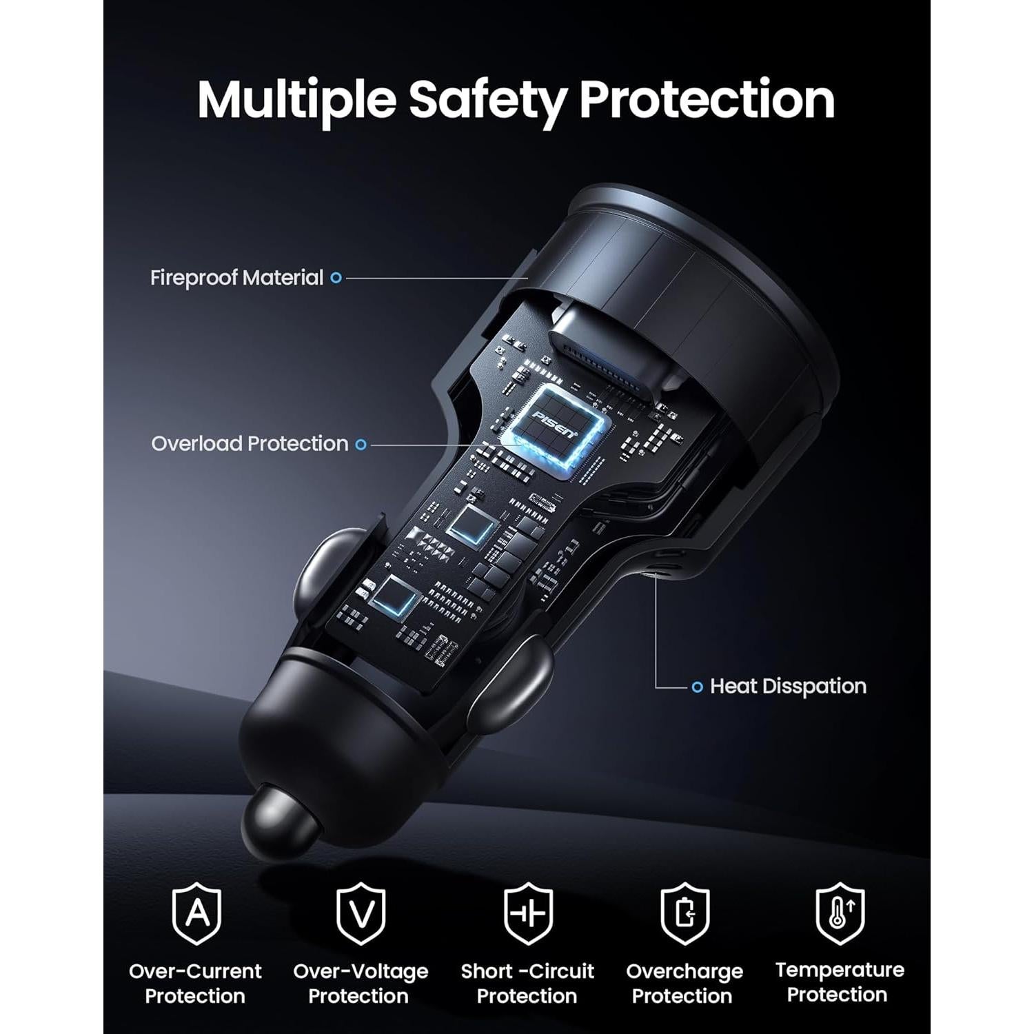 Cargador de Coche USB C PISEN 60W 3 Puertos Carga Rápida