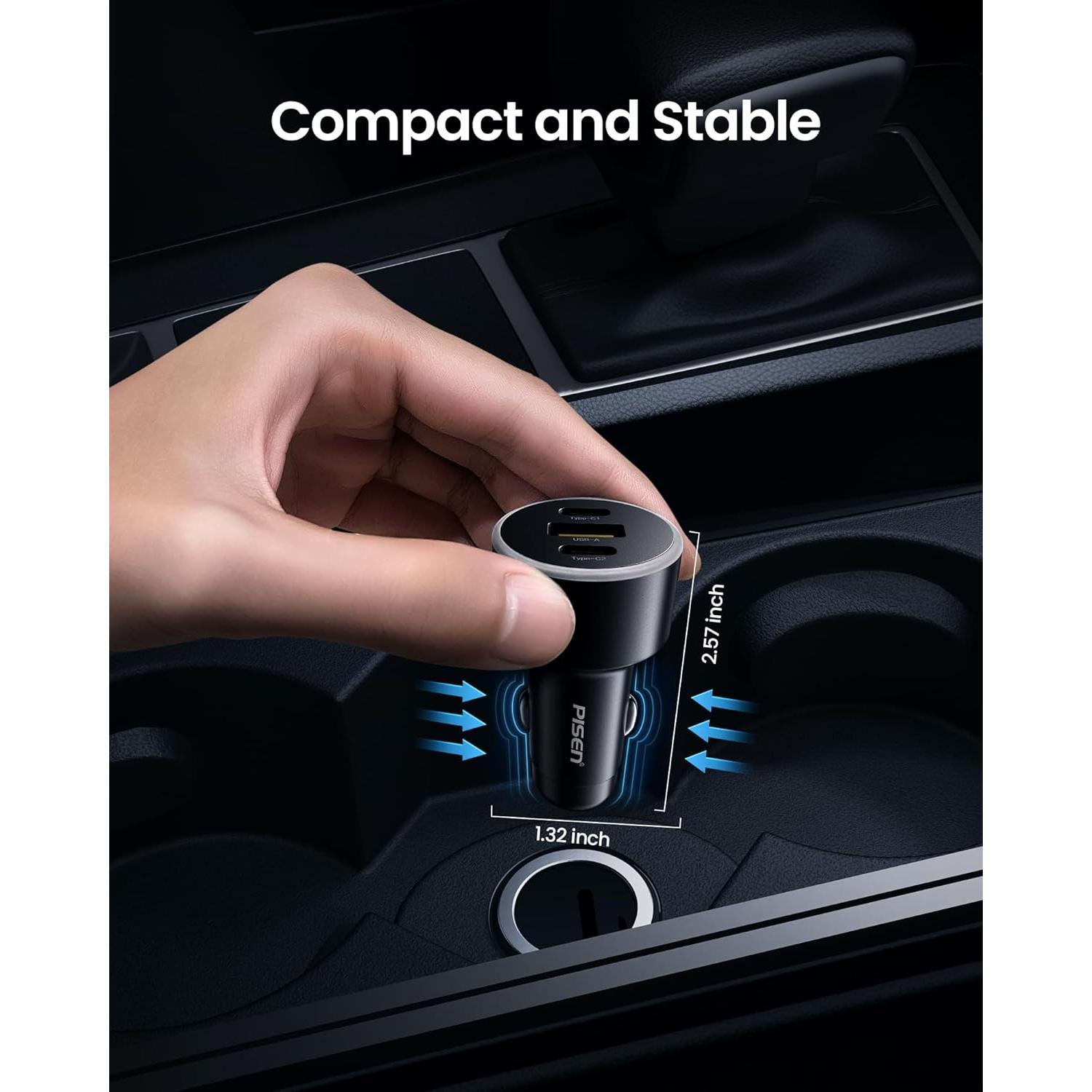 Cargador de Coche USB C PISEN 60W 3 Puertos Carga Rápida